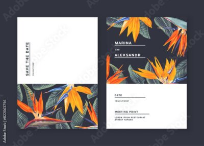 Papier peint  A luxurious wedding. Save the Date. Dark background and tropical flowers collection card with bright Strelitzia. Vector fashion cover, graphic poster, geometric floral brochure, design template
