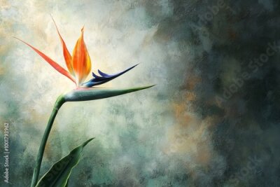 Papier peint  A marble wall is surrounded by orange strelitzia flowers