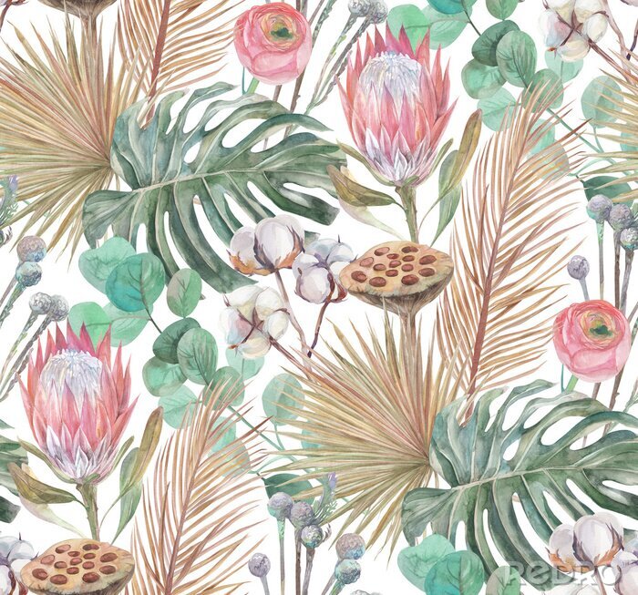 Papier peint  a modern boho style pattern tropical dried flowers and a proteus flower are painted in watercolor with sprigs of cotton a turquoise background