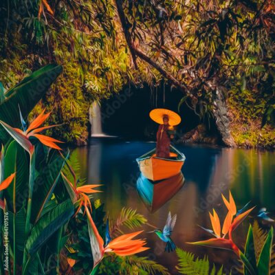 Papier peint  A monk in a boat on a lake with flowering strelitzias.