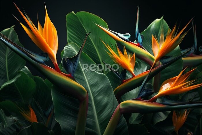 Papier peint  A painted pattern featuring tropical Strelitzia flowers and leaves. Generative AI