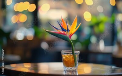 Papier peint  A photorealistic shot of a Strelitzia reginae flower in a vase on a coffee shop table, with a blurred background 