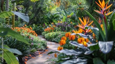 Papier peint  A Picturesque Flower Garden Displaying Fresh Strelitzia Blooms Amidst Lush Greenery