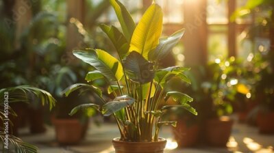 Papier peint  A potted Bird of Paradise plant sits in a greenhouse setting, bathed in the warm glow of morning sunlight.