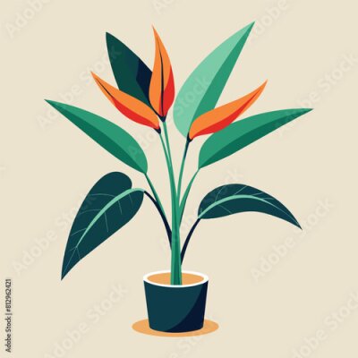 Papier peint  A potted Strelitzia plant displaying vibrant orange and green leaves, Strelitzia plant Customizable Cartoon Illustration