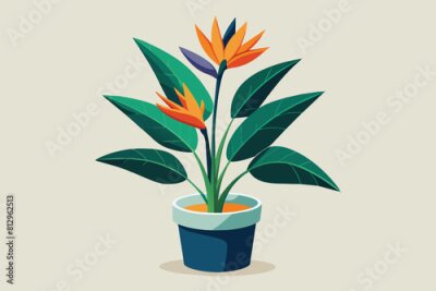 Papier peint  A potted Strelitzia plant showcasing vibrant and colorful flowers in bloom, Strelitzia plant Customizable Semi Flat Illustration