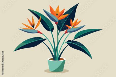 Papier peint  A potted Strelitzia plant with vibrant orange and green flowers blooming, Strelitzia plant Customizable Flat Illustration
