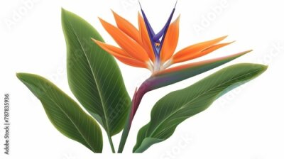Papier peint  A realistic modern illustration of Strelitzia reginae, a tropical plant with orange and purple petals and green leaves isolated on white.