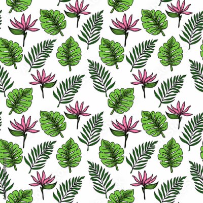 Papier peint  A seamless pattern depicting a tropical strelitzia flower, palm leaves, and monstera. Hand-drawn doodle-style elements, bright flower and greenery. Tropics. Strelicia. Isolated vector illustration.