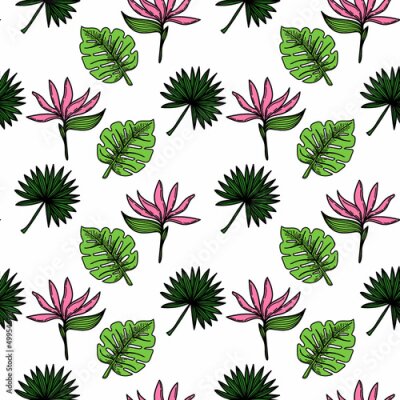 Papier peint  A seamless pattern of a tropical strelitzia flower, palm trees, and leaves. Hand-drawn doodle-style elements, bright flower and greenery. Tropics. Strelitzia. Isolated vector illustration.