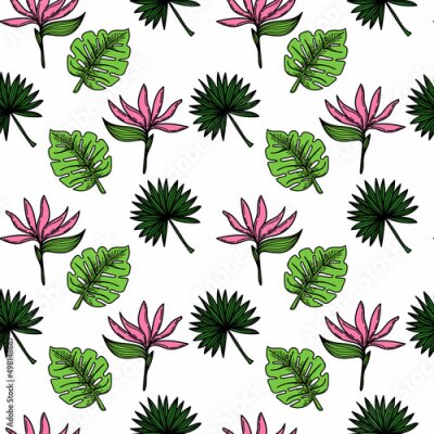 Papier peint  A seamless pattern of a tropical strelitzia flower, palm trees, and leaves. Hand-drawn doodle-style elements, bright flower and greenery. Tropics. Strelitzia. Isolated vector illustration.