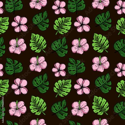 Papier peint  A seamless pattern of tropical strelitzia flower, monster leaves. Hand-drawn doodle-style elements, bright flower and greenery. Tropics. Summer. Strelicia. Isolated vector.