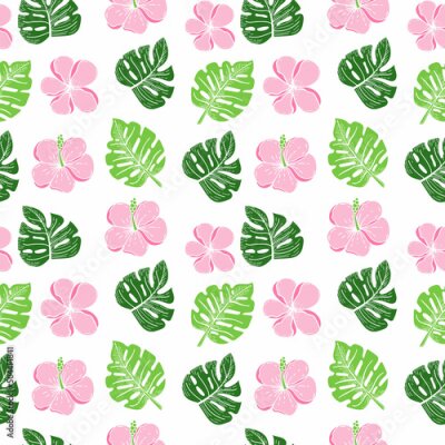 Papier peint  A seamless pattern of tropical strelitzia flower, monster leaves. Hand-drawn doodle-style elements, bright flower and greenery. Tropics. Summer. Strelicia. Isolated vector.