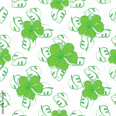 Papier peint  A seamless pattern of tropical strelitzia flower, monster leaves. Hand-drawn doodle-style elements, bright flower, greenery on white background. Tropics. Summer. Strelicia.