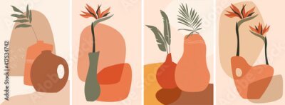 Papier peint  A set compositions with exotic palm leaves and abstract vases, strelitzia flowers. A trendy contemporary design collage in an ecological style. Minimalist shapes in pastel colors on light background.