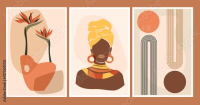 Papier peint  A set of abstract art illustrations with the colors of strelitzia, an African woman in a turban with ornaments and rainbow arches with the sun. Trendy contemporary collection. Vector.