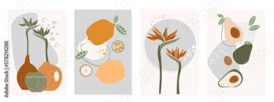 Papier peint  A set of abstract contemporary posters with strelitzia flowers in a vase, avocado and lemon fruits on a background of simple trendy shapes. Vector graphics.