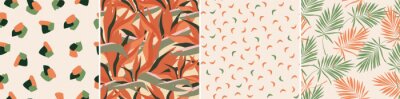 Papier peint  A set of abstract, minimalistic, seamless patterns. Artistic palm leaves, tropical exotic strelitzia flowers. Vector graphics.