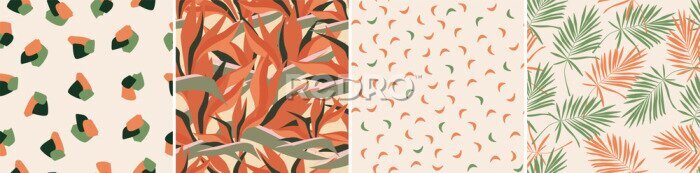 Papier peint  A set of abstract, minimalistic, seamless patterns. Artistic palm leaves, tropical exotic strelitzia flowers. Vector graphics.