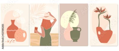Papier peint  A set of abstract posters with vases, jugs. Contemporary woman in a hat on vacation. Vector graphics.