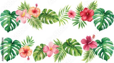 Papier peint  A set of exotic tropical leaves and flowers of plumeria hibiscus strelitzia