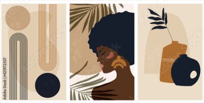 Papier peint  A set of modern abstract minimalistic boho images, posters.  women, still life, vases plants. palm leaves, floral. Vector graphics.
