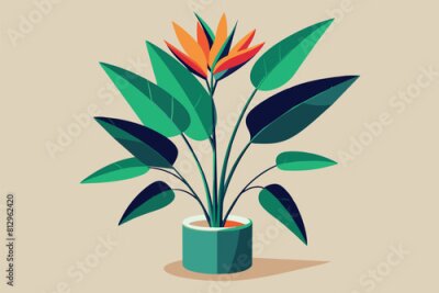 Papier peint  A strelitzia plant featuring vibrant orange and green leaves in a pot, Strelitzia plant Customizable Cartoon Illustration