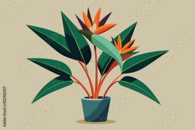Papier peint  A strelitzia plant featuring vibrant orange flowers and lush green leaves in a pot, Strelitzia plant Customizable Cartoon Illustration