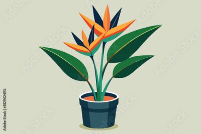 Papier peint  A strelitzia plant in a pot showcasing vibrant orange flowers, Strelitzia plant Customizable Semi Flat Illustration