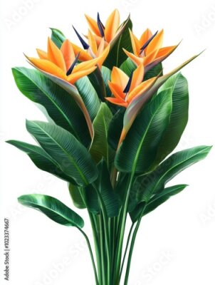Papier peint  A striking arrangement of strelitzia flowers, showcasing vivid orange and blue hues against broad, lush green leaves, set on a clean white backdrop for a fresh visual impact.