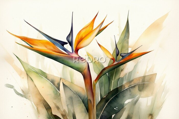Papier peint  A stunning depiction of watercolor strelitzia flowers, resembling the bird of paradise. Generative AI