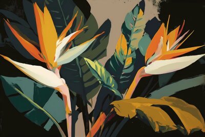 Papier peint  A Stunning Pattern of Strelitzia and Tropical Leaves, Generative AI