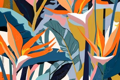 Papier peint  A Stunning Pattern of Strelitzia and Tropical Leaves, Generative AI