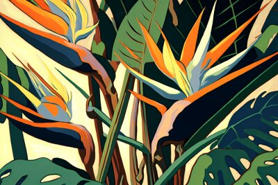 Papier peint  A Stunning Pattern of Strelitzia and Tropical Leaves, Generative AI
