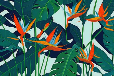 Papier peint  A Stunning Pattern of Strelitzia and Tropical Leaves, Generative AI