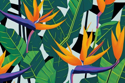 Papier peint  A Stunning Pattern of Strelitzia and Tropical Leaves, Generative AI
