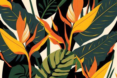 Papier peint  A Stunning Pattern of Strelitzia and Tropical Leaves, Generative AI