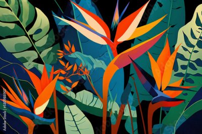 Papier peint  A Stunning Pattern of Strelitzia and Tropical Leaves, Generative AI