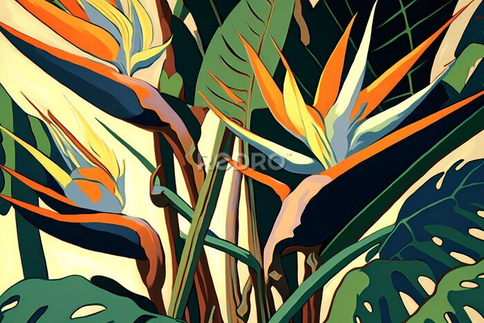 Papier peint  A Stunning Pattern of Strelitzia and Tropical Leaves, Generative AI