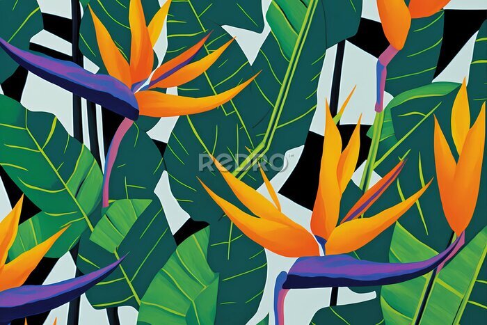 Papier peint  A Stunning Pattern of Strelitzia and Tropical Leaves, Generative AI