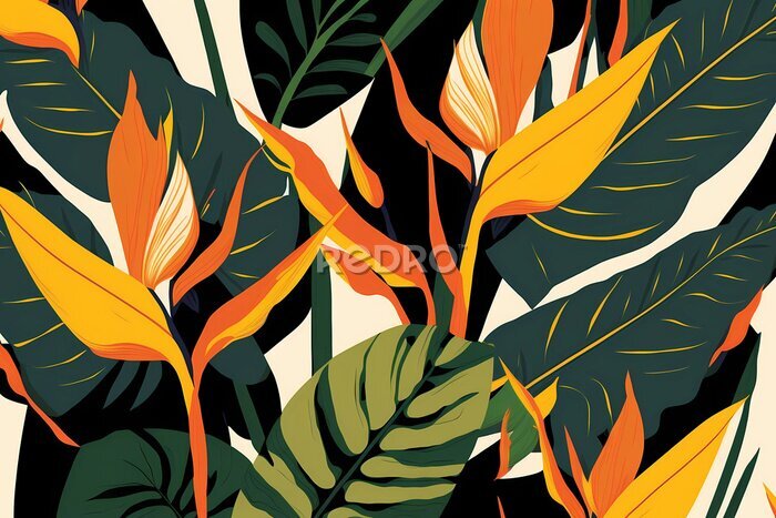 Papier peint  A Stunning Pattern of Strelitzia and Tropical Leaves, Generative AI