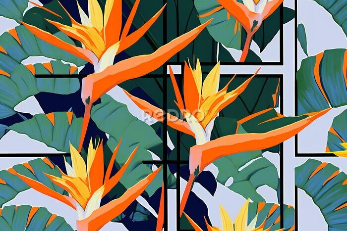 Papier peint  A Stunning Pattern of Strelitzia and Tropical Leaves, Generative AI