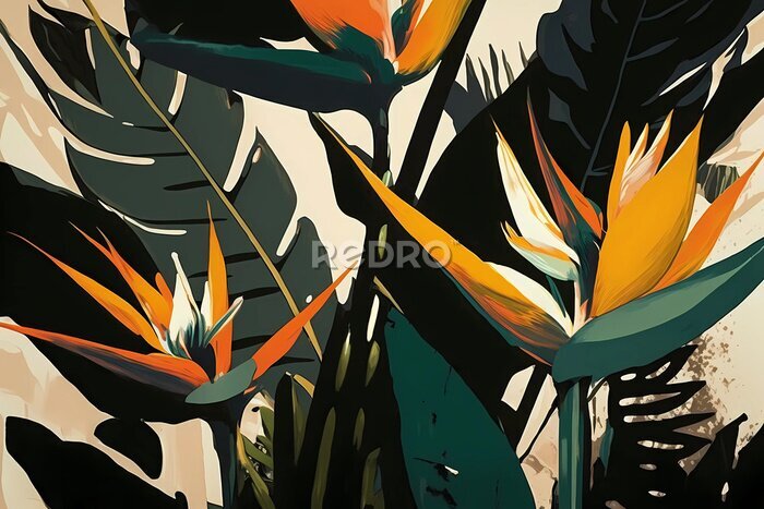 Papier peint  A Stunning Pattern of Strelitzia and Tropical Leaves, Generative AI