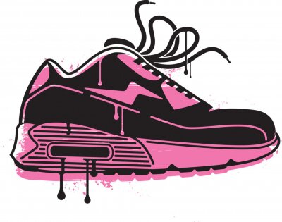 A stylised stencil image of a sneaker, with a magenta back ground layer and a black paint layer.