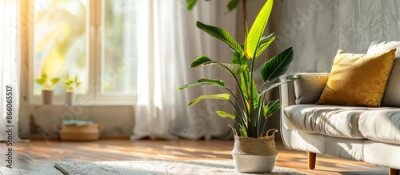 Papier peint  A sunny living room featuring a tropical houseplant, strelitzia nicolai, with ample copy space in the image.