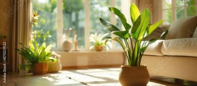 Papier peint  A sunny living room featuring a tropical houseplant, strelitzia nicolai, with ample copy space in the image.