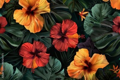 Papier peint  A tropical vintage red hibiscus and strelitzia floral pattern with green palm leaves was created with generative stock. Exotic jungle wallpaper.