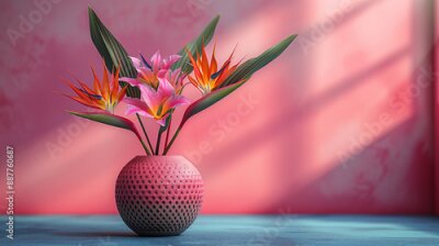 Papier peint  A vase with a geometric pattern holds bird-of-paradise flowers.