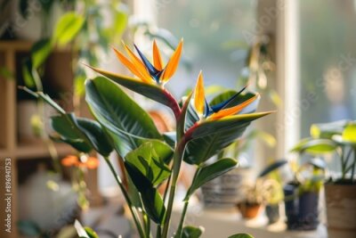 Papier peint  A vibrant Bird of Paradise (Strelitzia) plant with its striking flowers in a bright room.