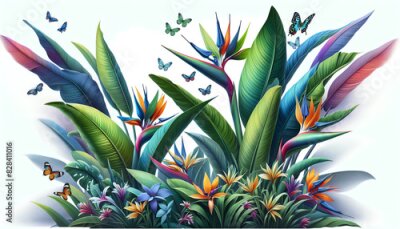 Papier peint  A vibrant colorful illustration of Strelitzia with different types of tropical flowers